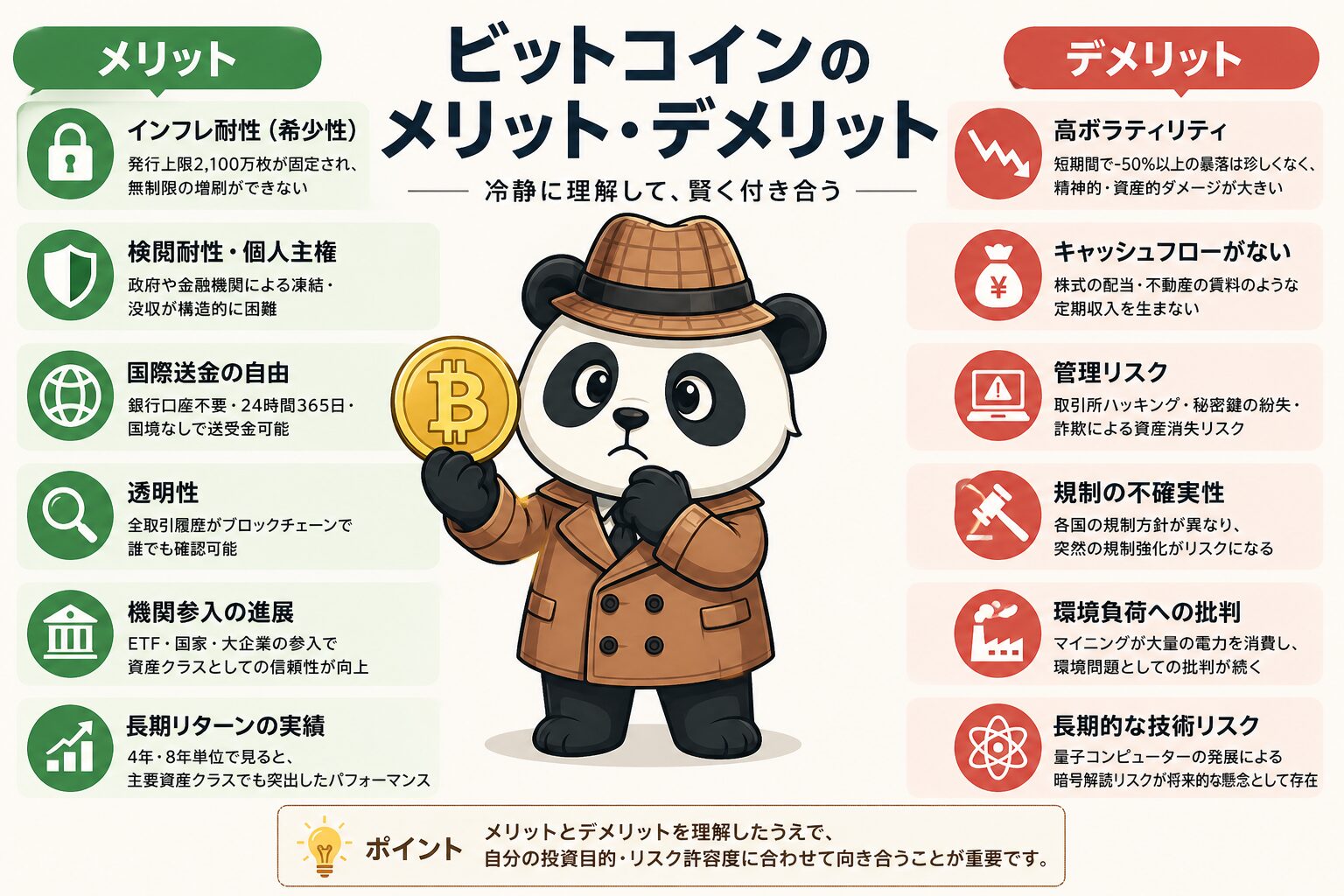 alt="ビットコインのメリット・デメリットを左右対比で整理したインフォグラフィック。メリット（緑）：インフレ耐性・検閲耐性・国際送金の自由・透明性・機関参入・長期リターンの実績。デメリット（赤）：高ボラティリティ・キャッシュフローなし・管理リスク・規制の不確実性・環境負荷への批判・長期的な技術リスク。探偵パンダがビットコインコインを持つイラスト付き。"