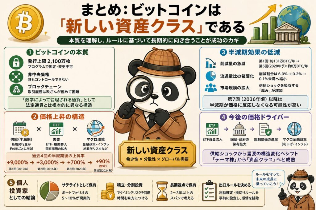 alt="ビットコイン総まとめインフォグラフィック。①ビットコインの本質（発行上限2100万枚・非中央集権・ブロックチェーン）、②価格上昇の構造（供給×需要×マクロ環境、半減期後の上昇率+9000%→+3000%→+700%→+90%）、③半減期効果の低減（第7回2036年頃に反応しなくなる可能性）、④今後の価格ドライバー（ETF・国家・規制・金融政策）、⑤個人投資家の結論（サテライト5〜10%・積立・出口ルール）。「新しい資産クラス」と定義。"