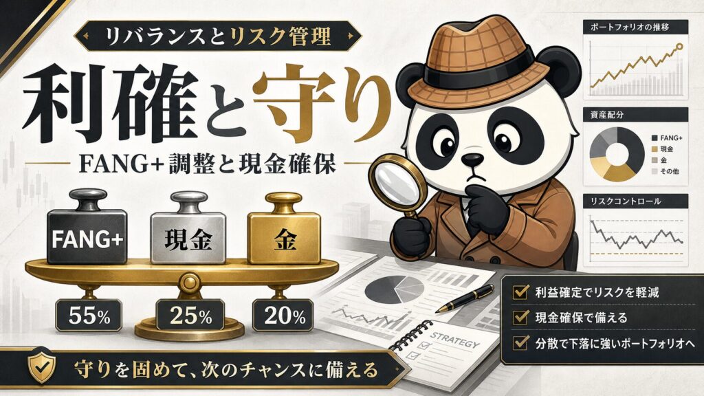 FANG+、現金、金の配分を見直し、利益確定とリスク管理を考える探偵パンダの画像