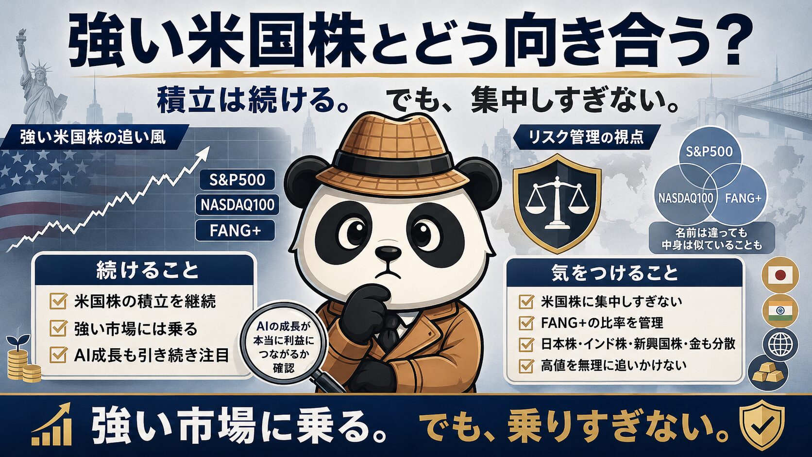 強い米国株とどう向き合うかを整理した図解。探偵パンダがS&P500、NASDAQ100、FANG+の上昇と重複リスクを見ながら、米国株の積立継続、FANG+の比率管理、日本株・インド株・新興国株・金への分散、高値を無理に追いかけない姿勢を示している。