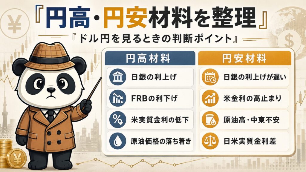 探偵パンダのイラストとともに、ドル円を見るときの判断ポイントとして円高材料と円安材料を整理した図解。円高材料には日銀の利上げ、FRBの利下げ、米実質金利の低下、原油価格の落ち着きが示され、円安材料には日銀の利上げの遅れ、米金利の高止まり、原油高と中東不安、日米実質金利差がまとめられている。