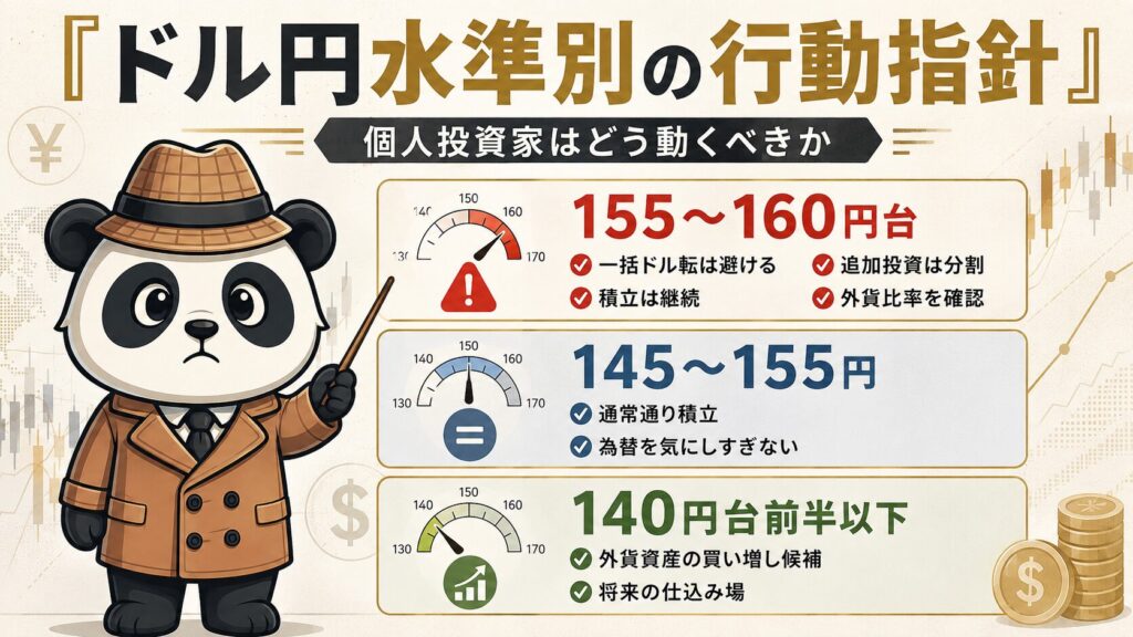 ドル円155〜160円台、145〜155円、140円台前半以下の3水準ごとに、個人投資家の投資行動を整理した図解。積立継続、分割投資、外貨資産の買い増し候補を示したアイキャッチ画像。