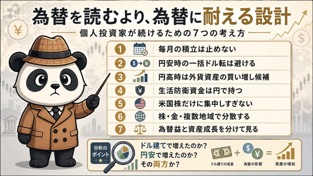 為替相場を正確に読むことは難しいため、個人投資家に必要なのは予想ではなく設計です。本図では、積立継続、円安時の一括ドル転回避、円高時の買い増し、生活防衛資金の確保、分散投資、為替益と資産成長の切り分けなど、為替変動に耐えるための7つの考え方を整理しています。
