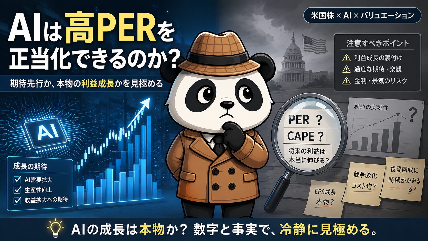 AI成長が現在の高PERやシラーPERを正当化できるのかを検討する図解。探偵パンダがPER、CAPE、将来利益を確認しながら、AI需要拡大や生産性向上への期待と、利益成長の裏付け・過度な楽観・金利や景気リスクなどの注意点を整理している。