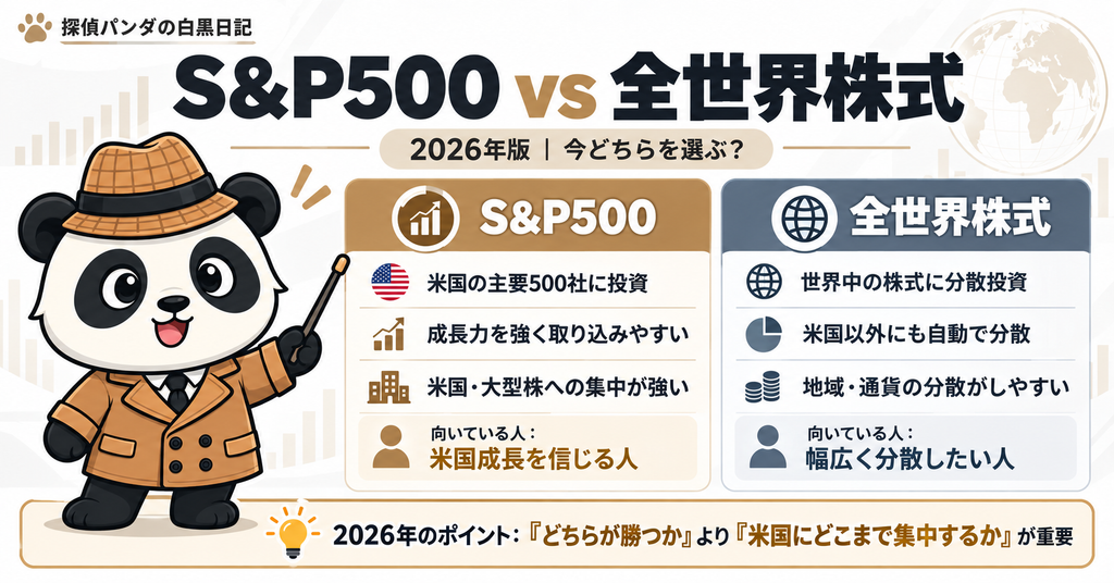 探偵パンダが解説する、S&P500と全世界株式の違いを比較した図解。S&P500は米国主要500社に投資し成長力を取り込みやすい一方、全世界株式は世界中の株式に分散投資できることを示している。