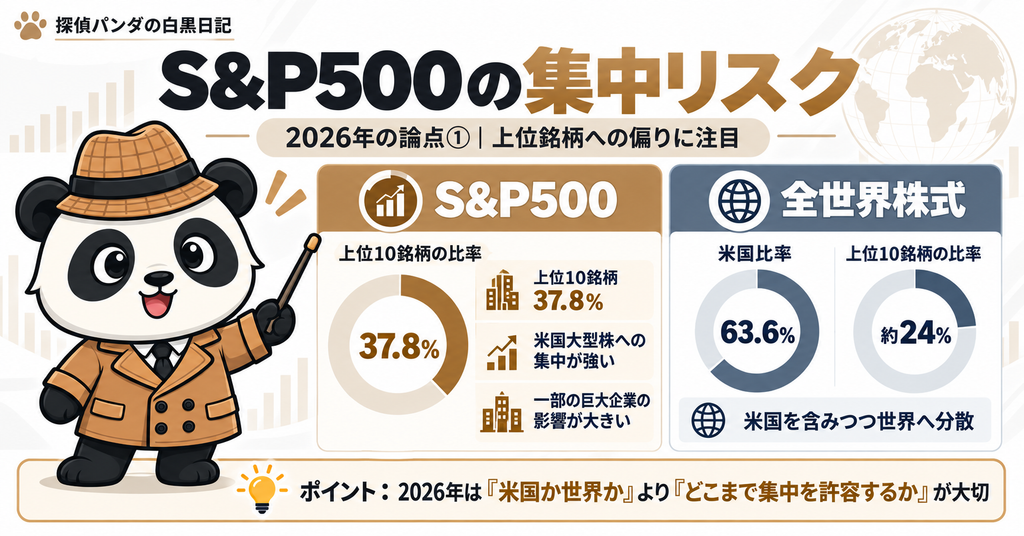 探偵パンダが解説する、S&P500と全世界株式の違いを比較した図解。S&P500は米国主要500社に投資し成長力を取り込みやすい一方、全世界株式は世界中の株式に分散投資できることを示している。