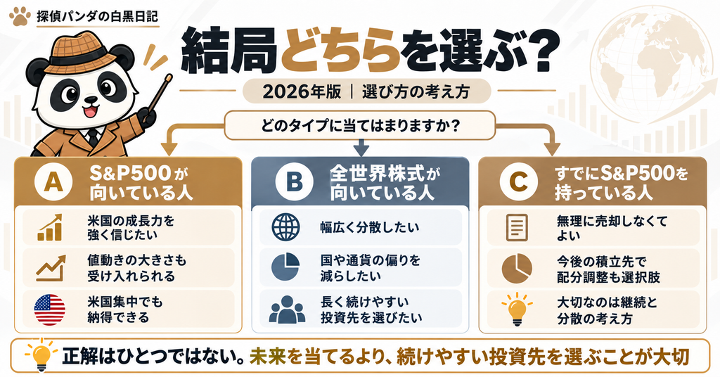 探偵パンダが、S&P500が向いている人、全世界株式が向いている人、すでにS&P500を持っている人の3タイプに分けて、投資先の選び方を整理したフローチャート図解。