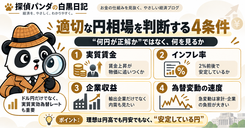適切な円相場を考えるための4条件として、実質賃金、インフレ率、企業収益、為替変動の速度を整理した図解。理想は円高でも円安でもなく安定した円であることを示している