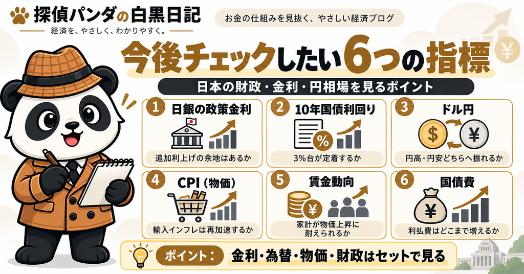 今後の日本経済を見るうえで重要な6つの指標として、日銀の政策金利、10年国債利回り、ドル円、CPI、賃金動向、国債費を整理した図解