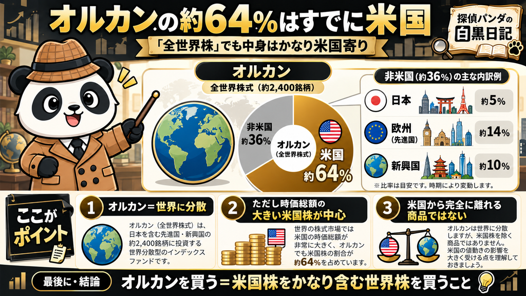 オルカンとS&P500を両方保有した場合の重複と米国比率を比較し、米国を上乗せする戦略であることを解説した図