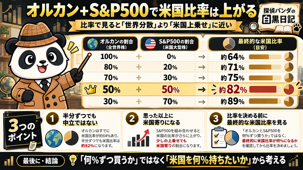 オルカンの約64%が米国株で、残り約36%が日本・欧州・新興国などで構成されることを示した図