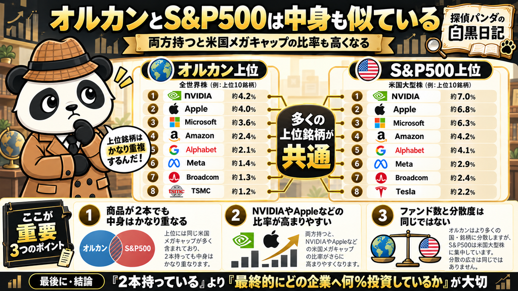 オルカンとS&P500でNVIDIAやApple、Microsoftなど上位銘柄が重複していることを比較した図