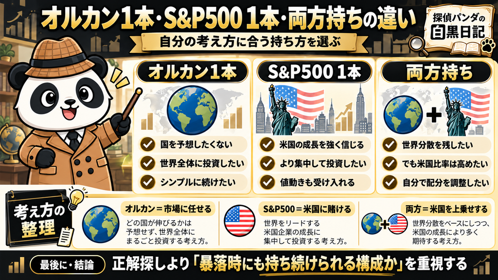 オルカン1本、S&P500 1本、両方保有がそれぞれどんな投資家に向いているかを比較した図