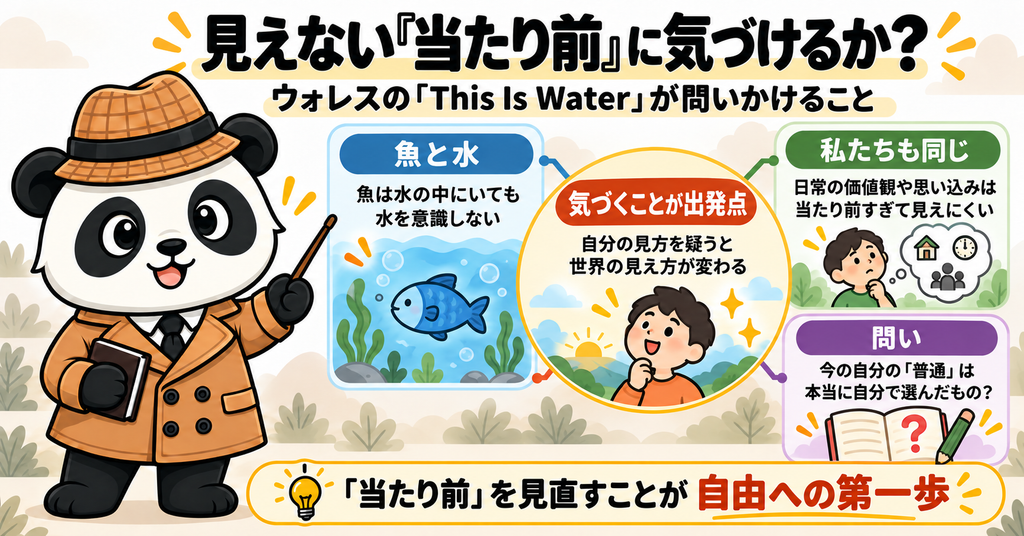 デヴィッド・フォスター・ウォレスの「This Is Water」をもとに、魚と水の比喩や日常の思い込みを通して、見えない当たり前に気づく大切さを解説した図解。