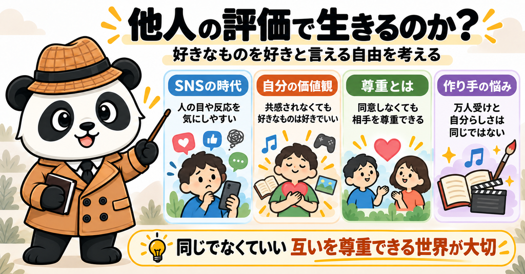 SNS時代の他人の目、自分の価値観、相手を尊重する姿勢、作り手の悩みを整理し、好きなものを好きと言える自由について解説した図解。