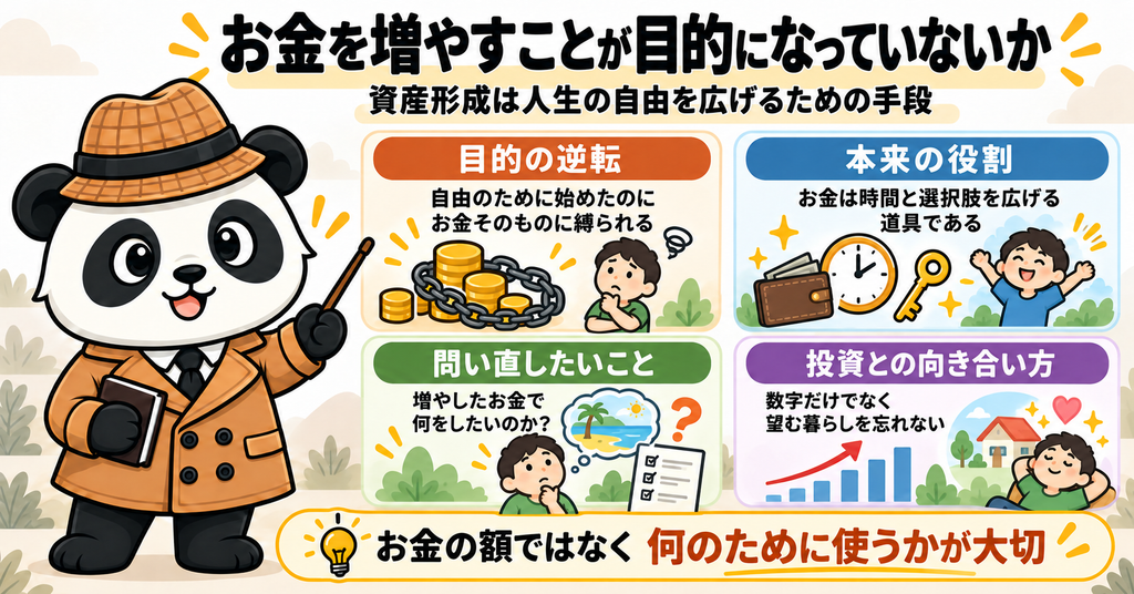 お金を増やすこと自体が目的になっていないかを問い直し、資産形成は時間や選択肢を広げるための手段であることを解説した図解。