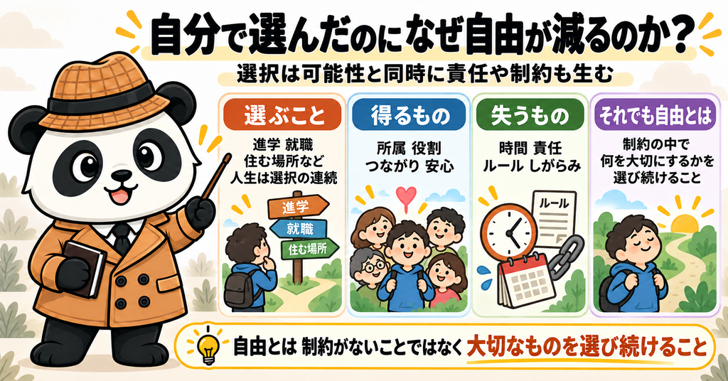 進学、就職、住む場所などの選択によって得るものと失うものを整理し、自由とは制約の中で大切なものを選び続けることだと解説した図解。