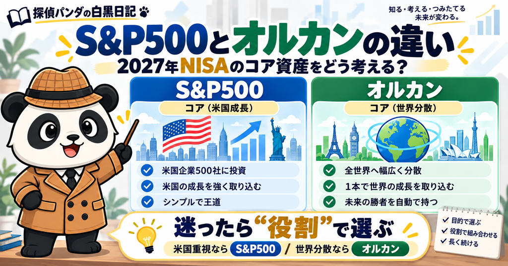 S&P500を米国成長のコア、オルカンを世界分散のコアとして特徴と役割を比較した図