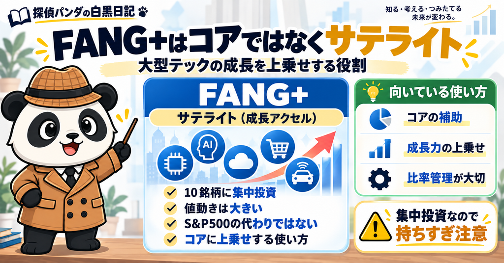 FANG+を10銘柄集中のサテライト資産として、コア資産に成長力を上乗せする使い方を解説した図