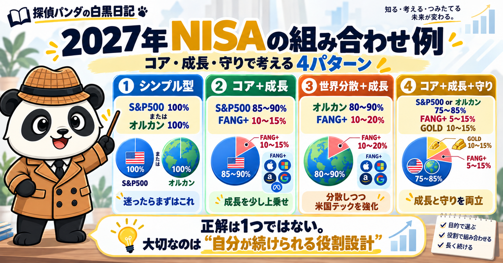 2027年NISAでS&P500、オルカン、FANG+、GOLDを組み合わせる4つのポートフォリオ例を示した図