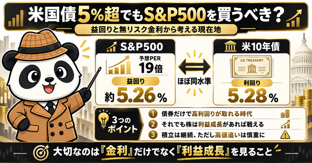 S&P500の予想PER19倍・益回り約5.26％と米国10年債利回り5.28％を比較した図解