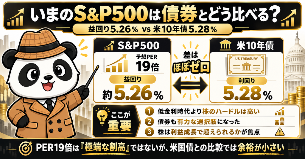 S&P500の益回り5.26％と米国10年債利回り5.28％を比較し、差がほぼゼロであることを示した図