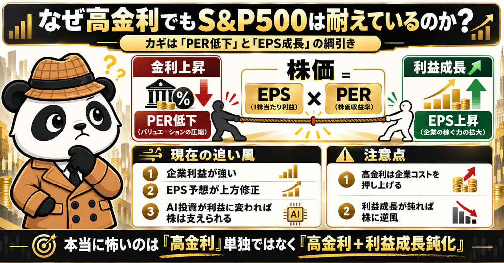 金利上昇によるPER低下と利益成長によるEPS上昇の綱引きでS&P500の株価を解説した図